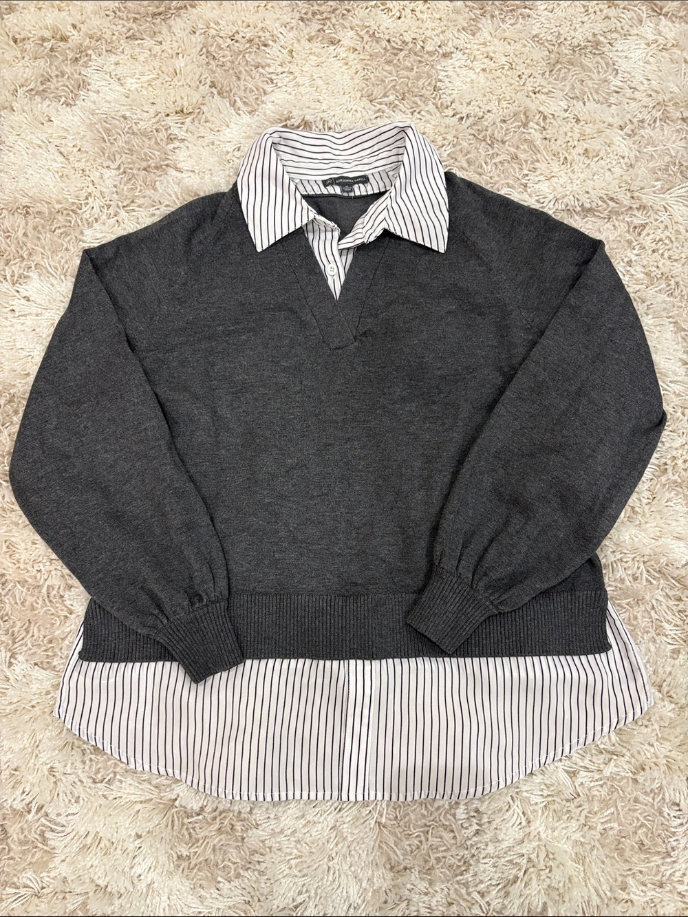 Adrianna Papell Dark Gray V-Neck Sweater with Layered Shirt Look